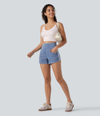 Short en jean rayé taille haute Halara Flex™ avec ourlet arrondi et poches