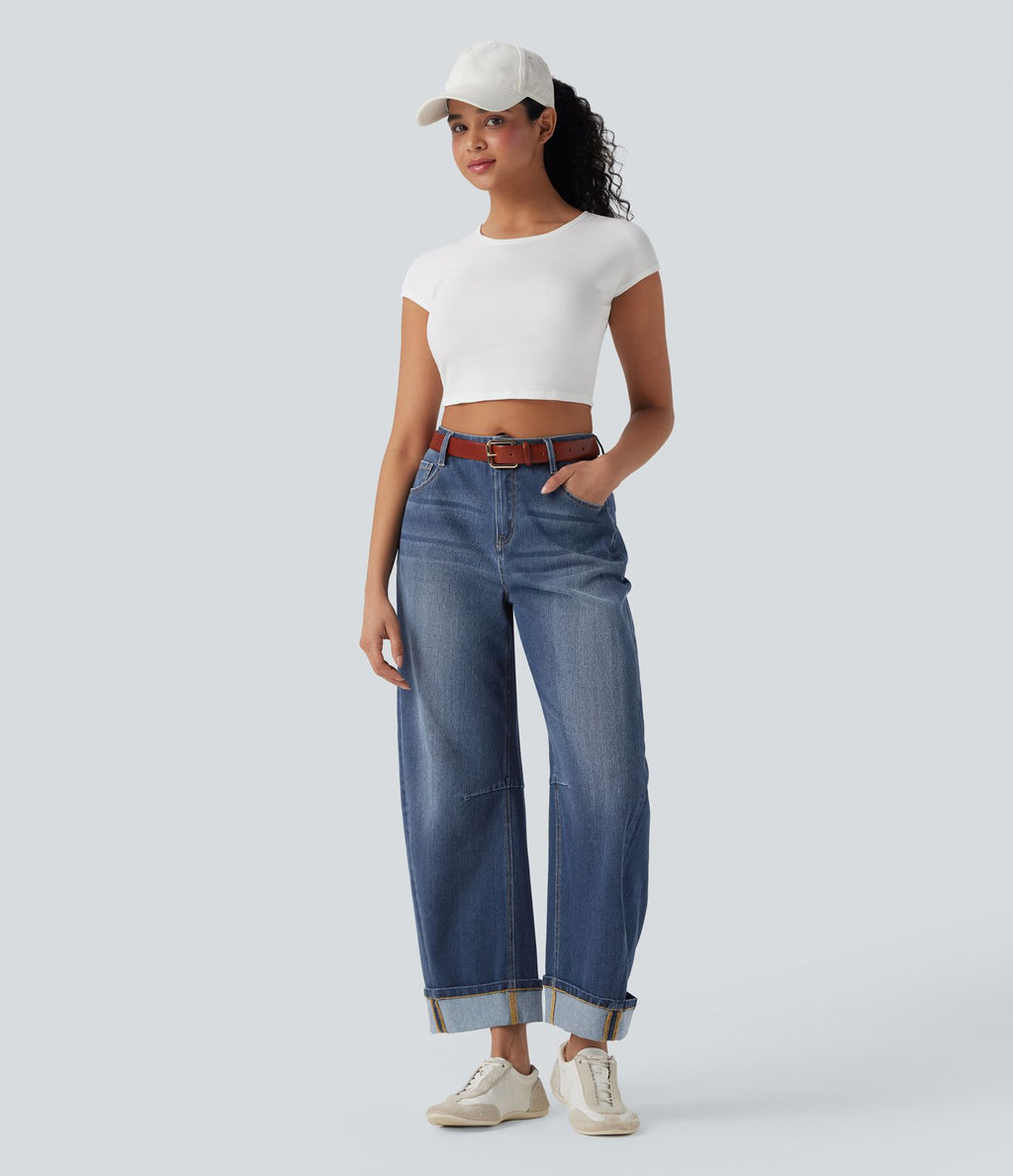 Jean Barrel Halara Flex™ taille mi-haute coupe tonneau effet délavé avec poches