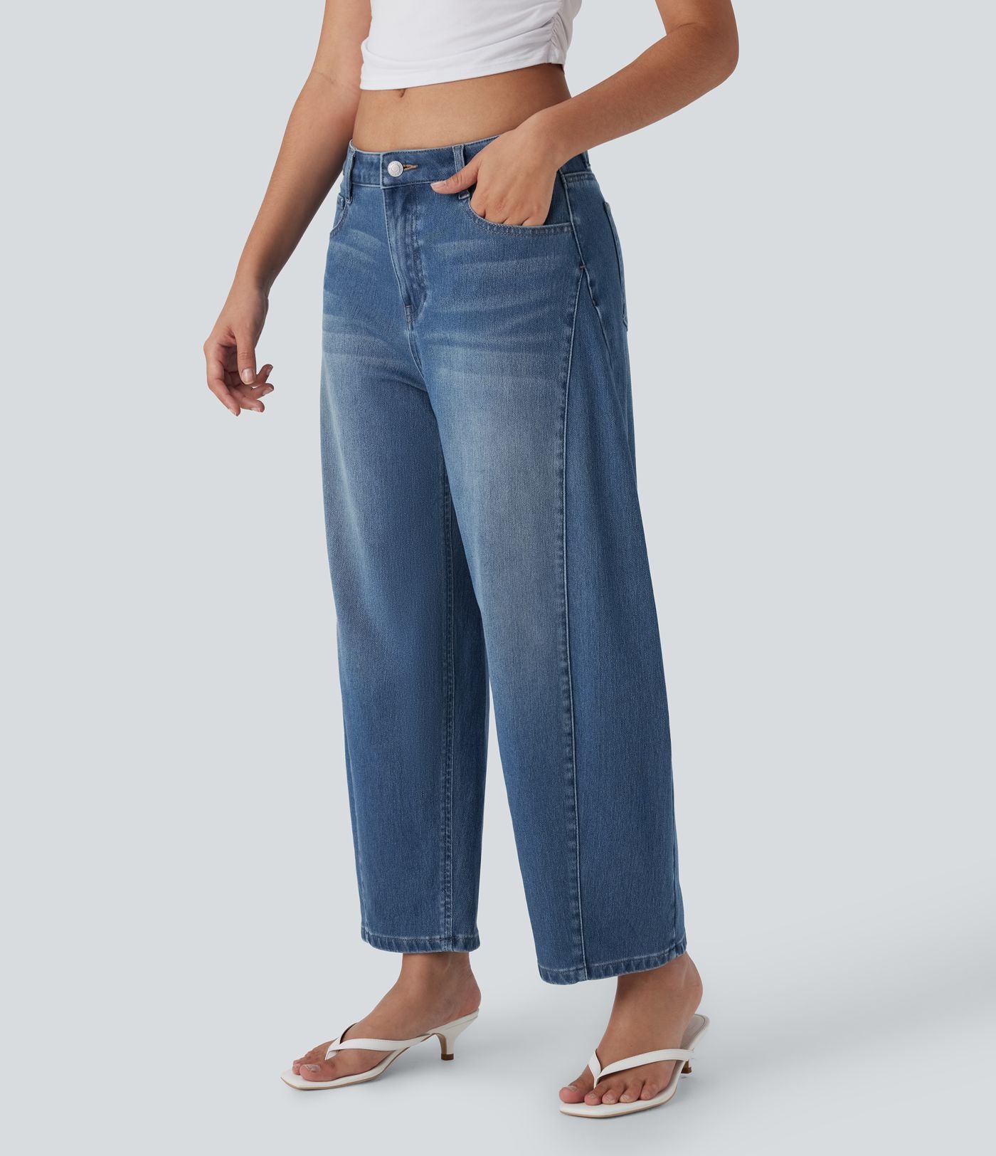 Jean Barrel 7/8 décontracté taille mi-haute délavé Halara Flex™ avec poches