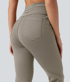 Pantalon de yoga évasé à rayures, taille haute, cordon et poches