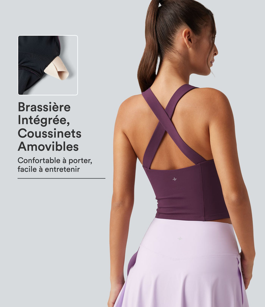 Débardeur de yoga SoftlyZero™ à col V, bretelles croisées, coussinets amovibles et protection solaire UPF 50+