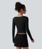 T-shirt à col U, dentelle contrastante et manches longues