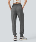 Jogging taille haute froncé chiné avec poches
