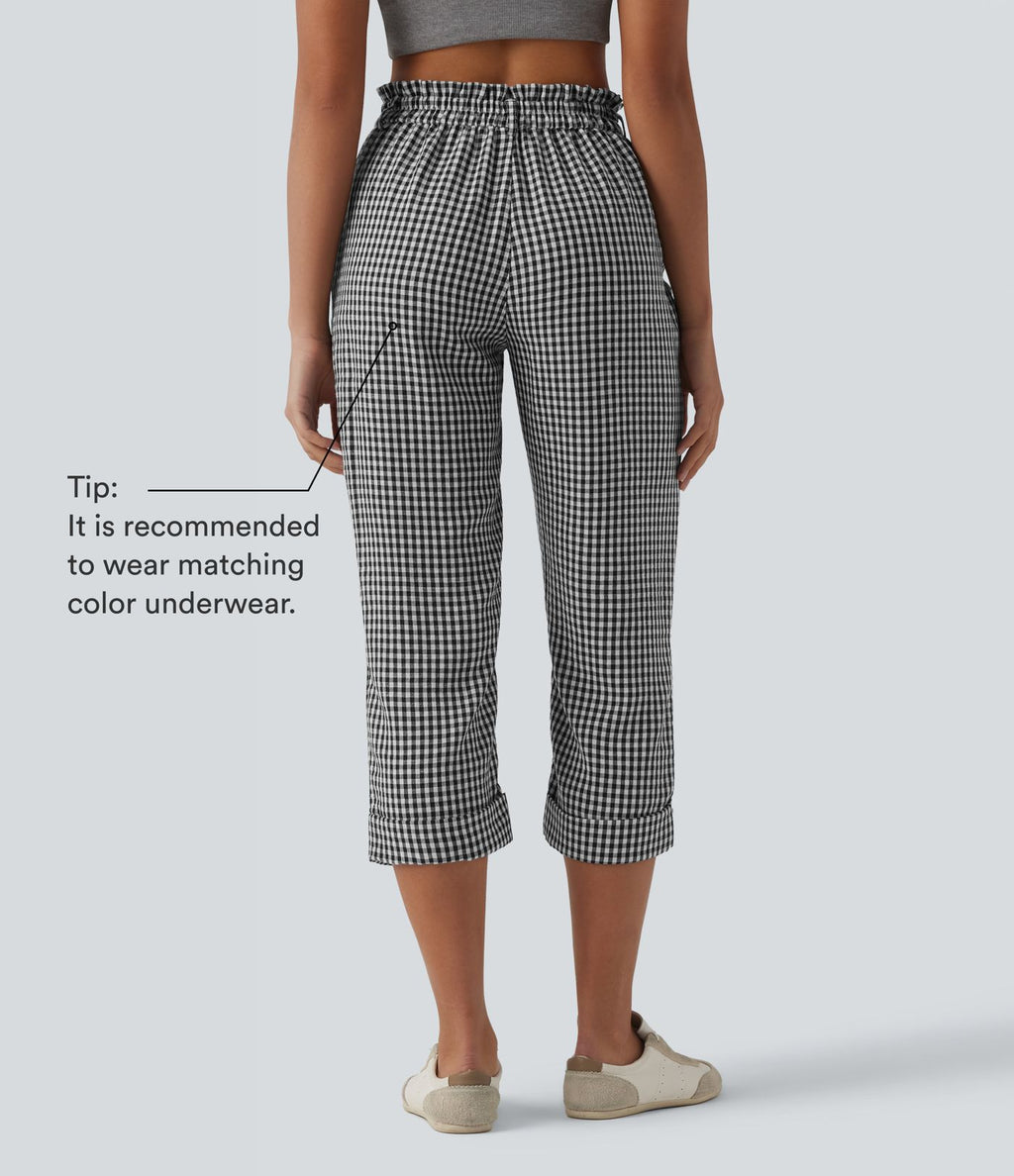 Pantalon 7/8 décontracté aspect lin à carreaux taille haute avec poches