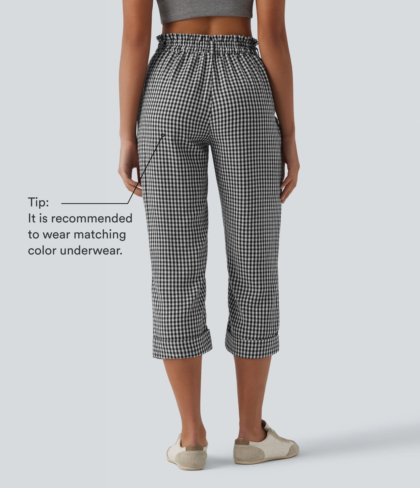 Pantalon 7/8 décontracté aspect lin à carreaux taille haute avec poches