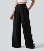Pantalon large infroissable taille haute color block décontracté aspect lin avec poches