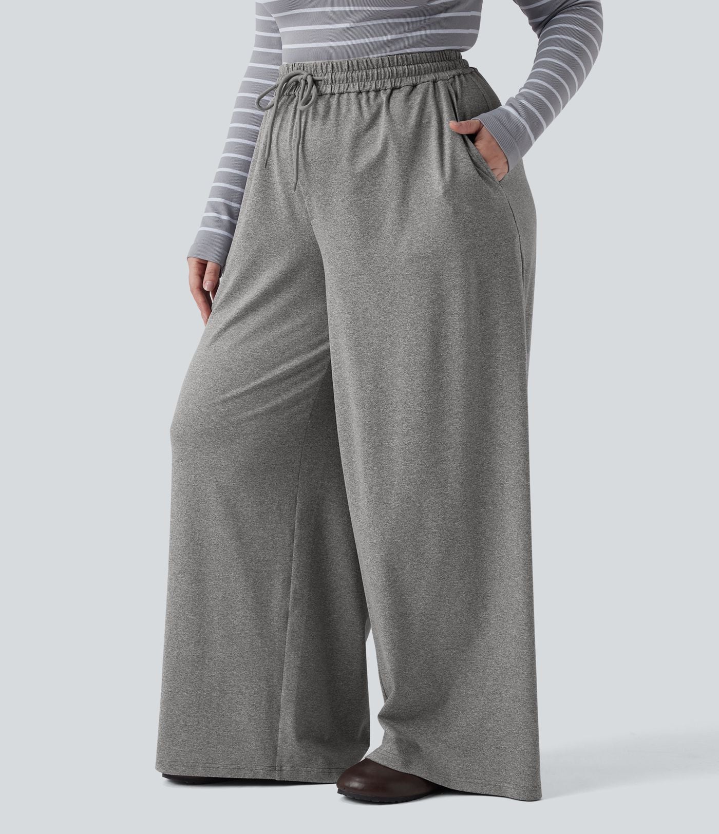 Pantalon décontracté grande taille large taille haute avec cordon de serrage et poches