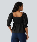 Blouse casual babydoll col carré à manches bouffantes mi-longues et détails froncés