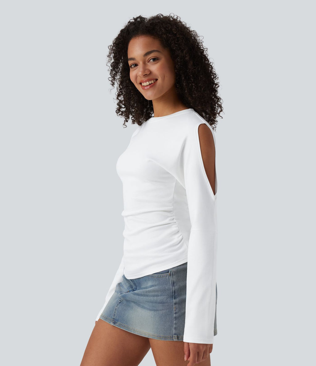 T-shirt décontracté en coton col rond manches longues découpes