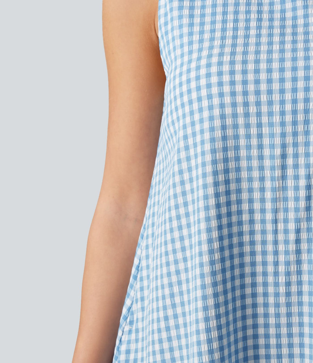 Robe débardeur midi décontractée à col rond sans manches avec soutien-gorge intégré en tissu froissé vichy avec poches