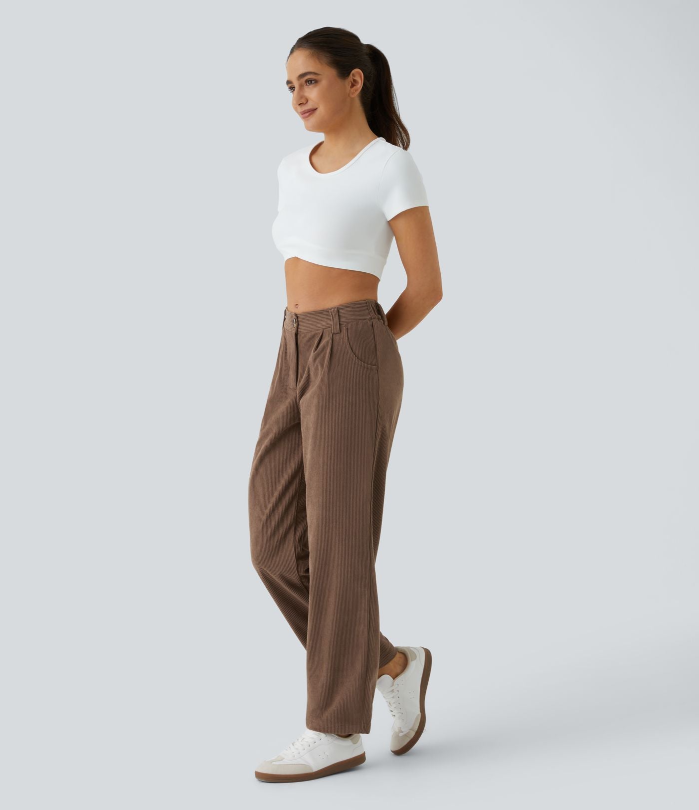 Pantalon en velours côtelé décontracté taille moyenne avec poches latérales