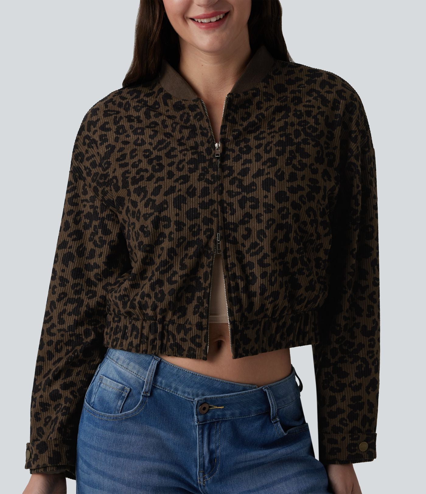 Veste bomber manches longues imprimé léopard avec poches