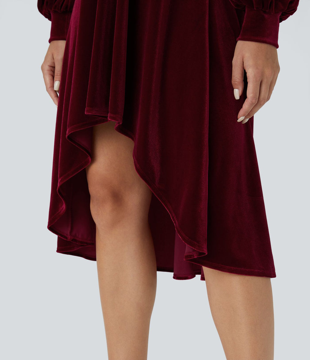 V Neck de Crossover Bishop Long Sleeve High Low Flowy Velvet Midi Casual Dress