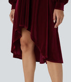 V Neck de Crossover Bishop Long Sleeve High Low Flowy Velvet Midi Casual Dress