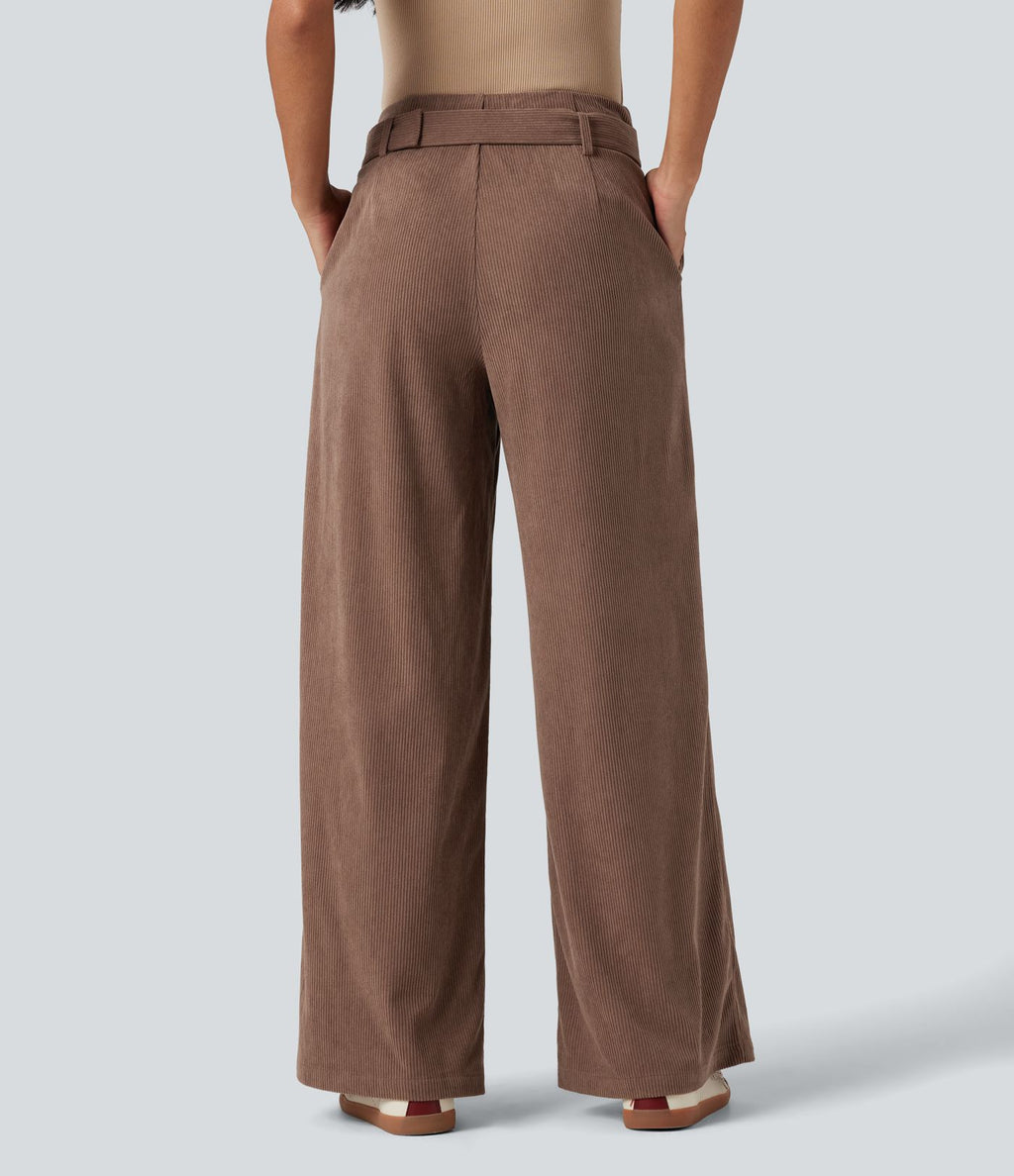 Pantalon décontracté large en velours côtelé avec ceinture, taille haute, avec poches