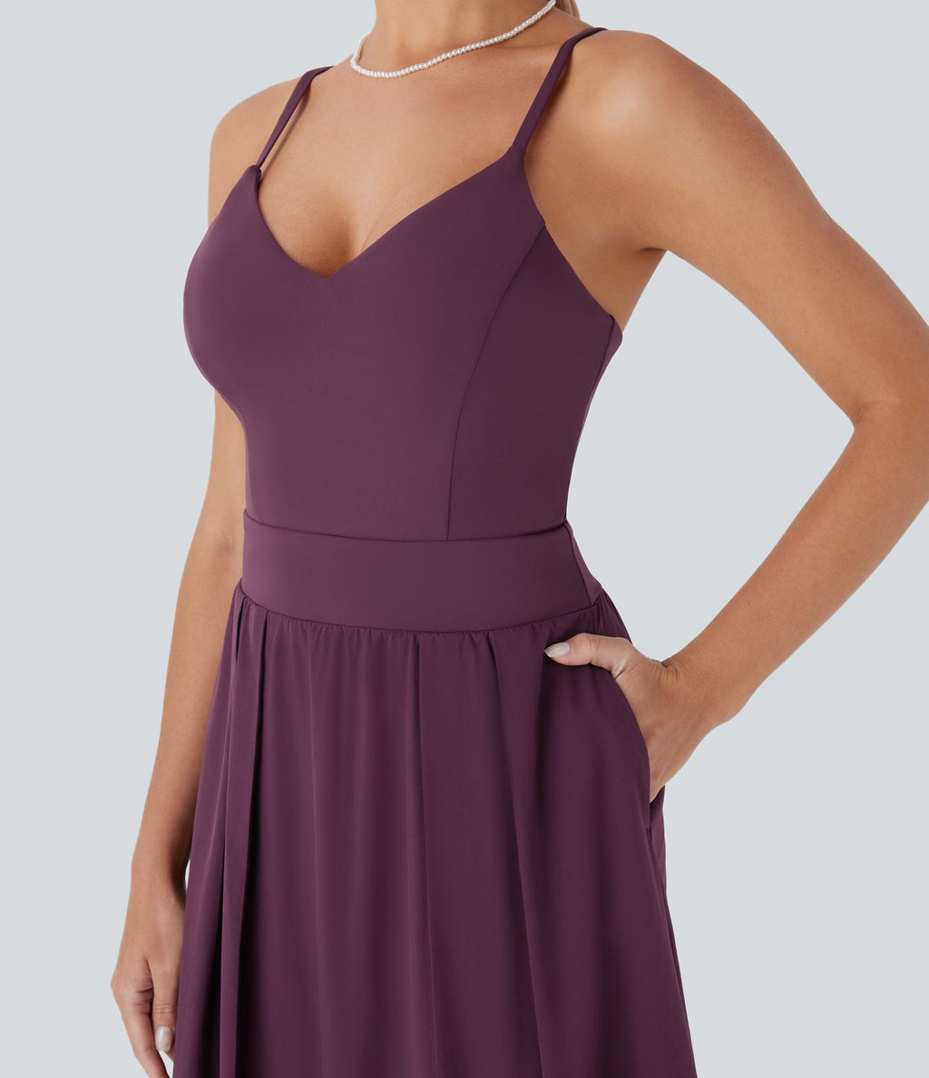 Robe longue fourreau Breezeful™ à dos nu, poches latérales, fluide et séchage rapide pour demoiselle d'honneur et invitée de mariage