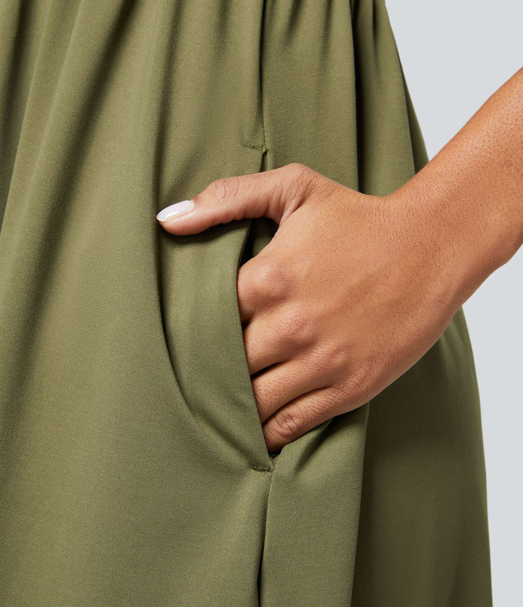 Robe Casual Midi Col en V Boutons Décoratifs Manches Courtes Poches Latérales et Plis