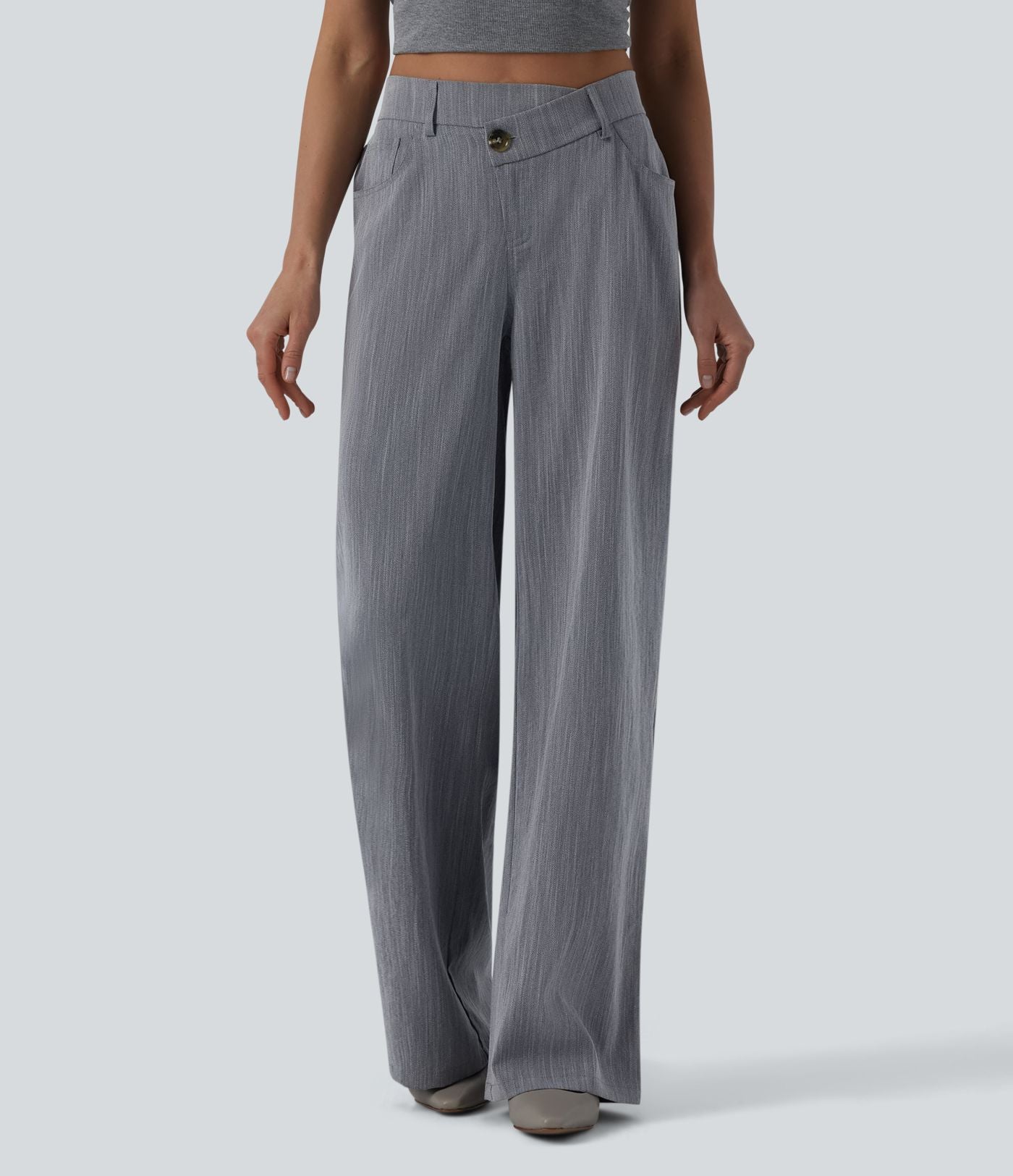 Pantalon large casual taille haute croisée aspect lin avec poches