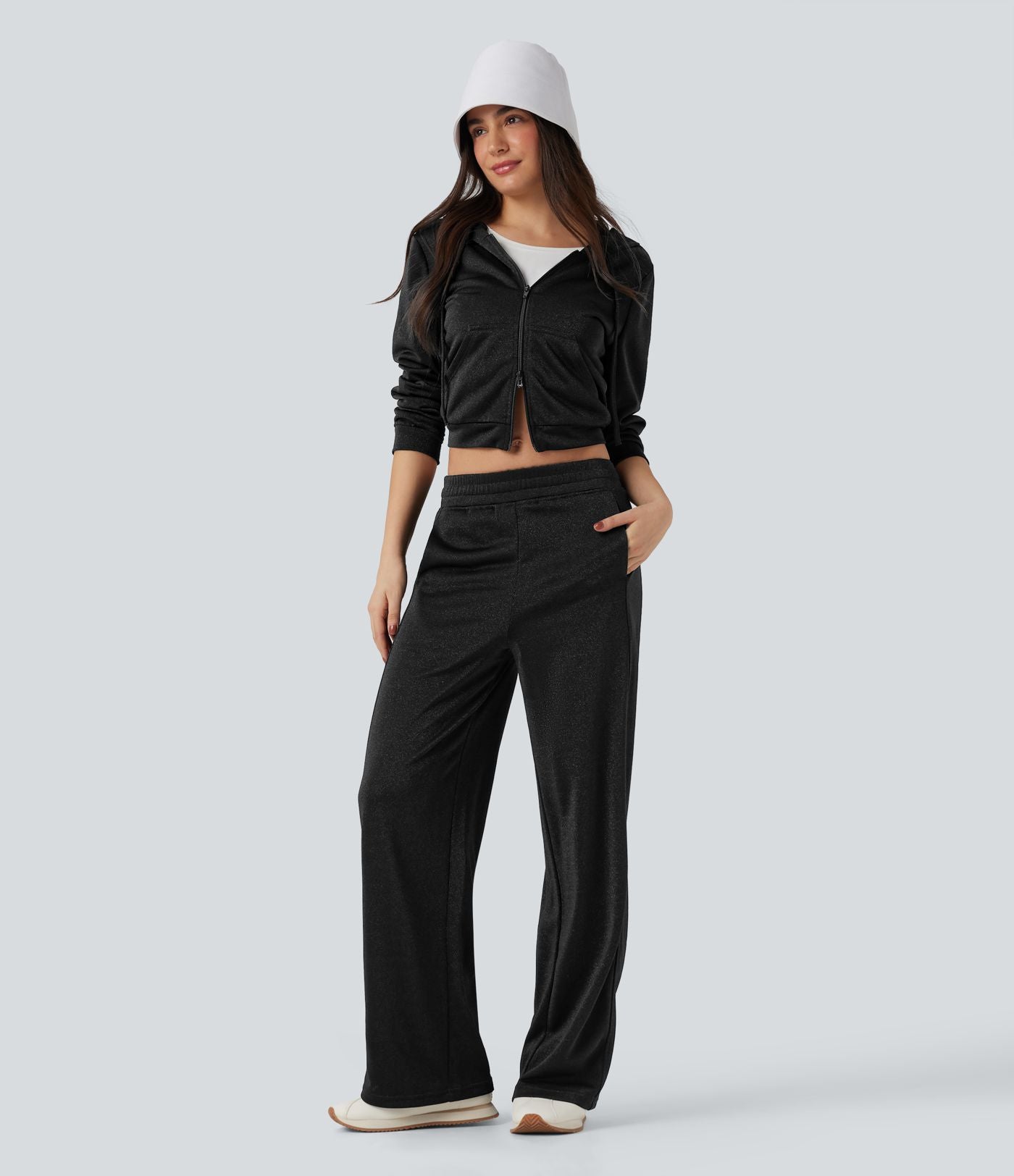 Pantalon droit taille haute effet sparkle, avec poches