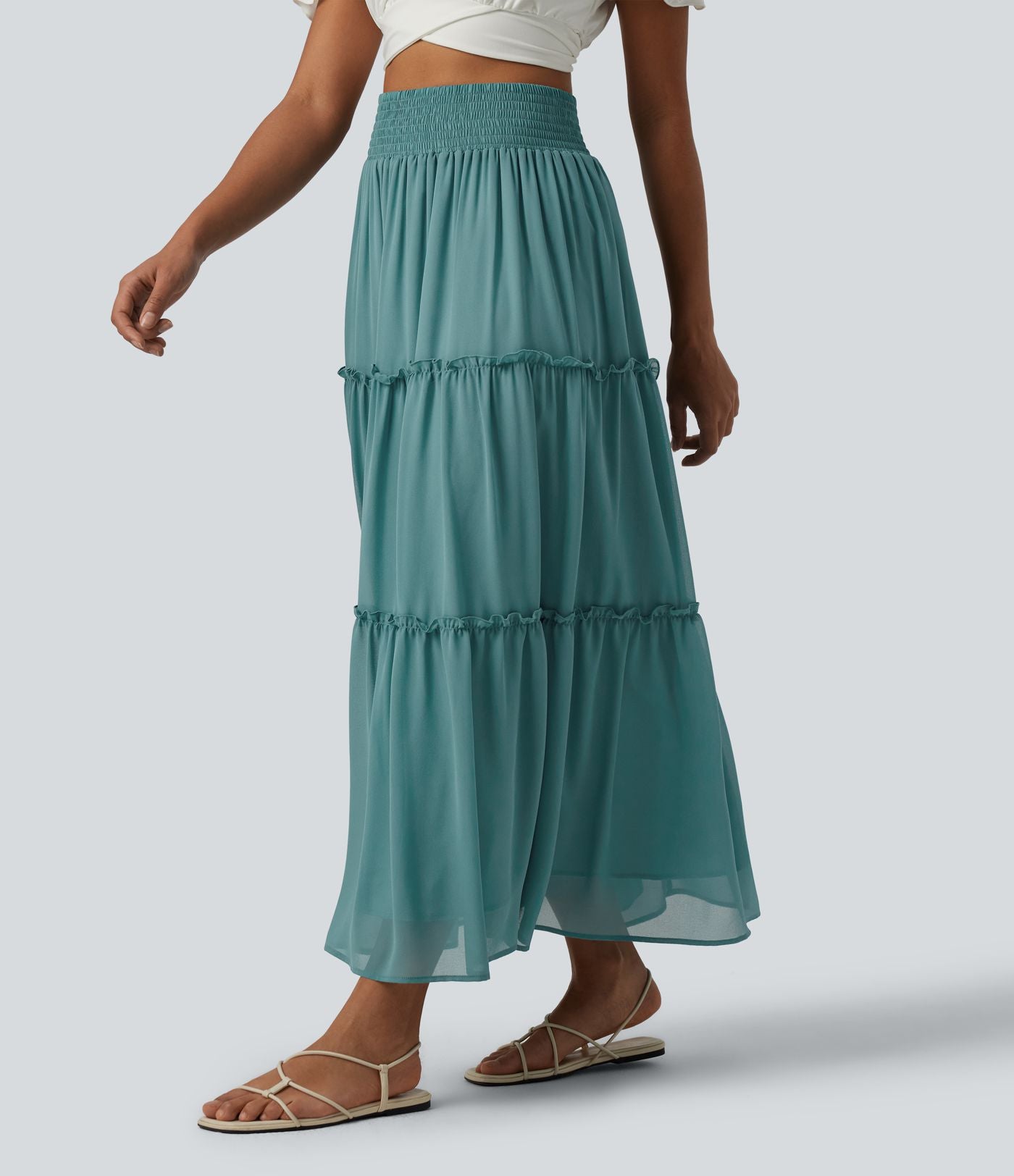 Jupe casual mi-longue à volants étagés et fronces taille haute