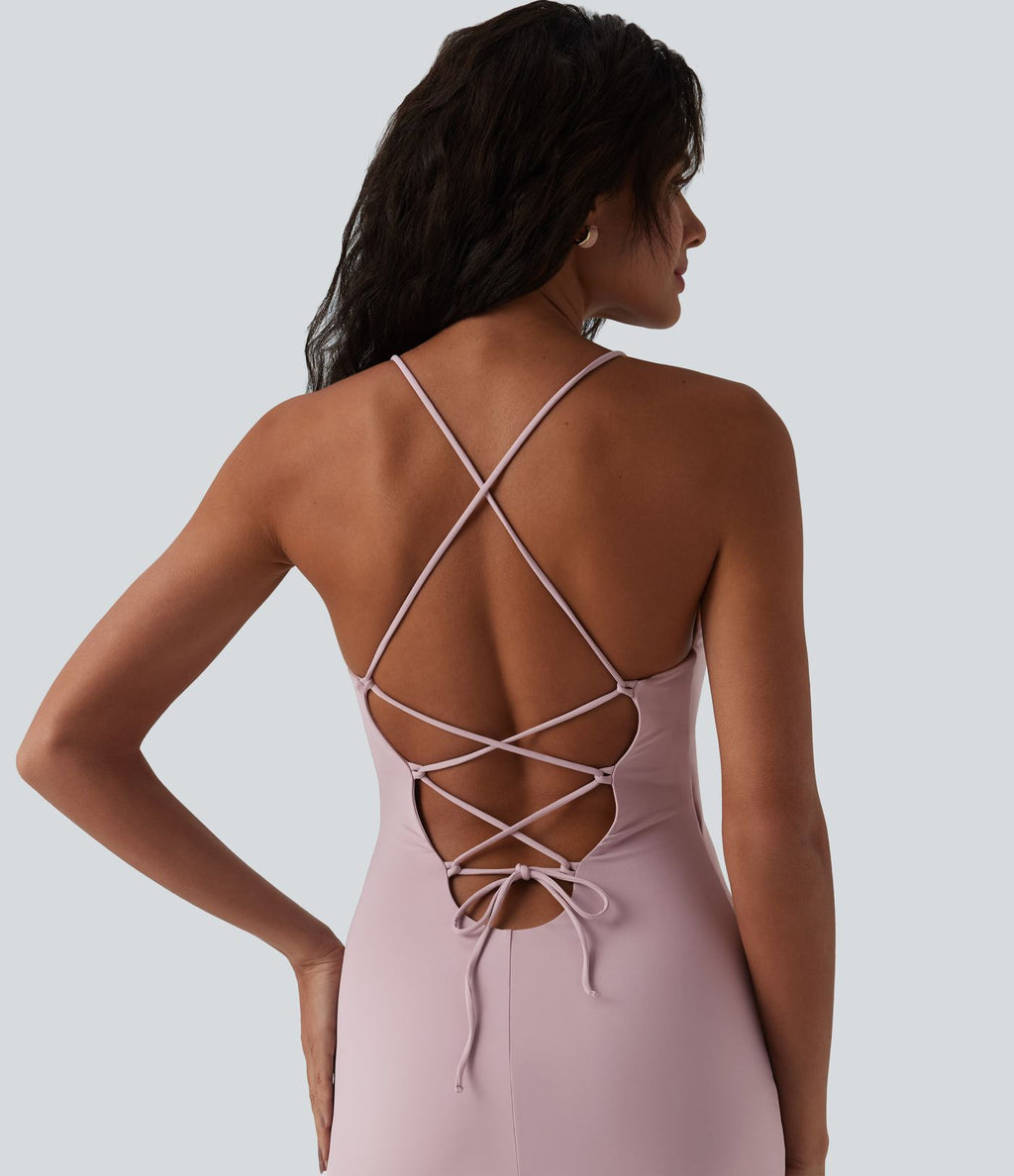 Robe maxi fluide bretelles décolleté cœur à lacer maille contrastante