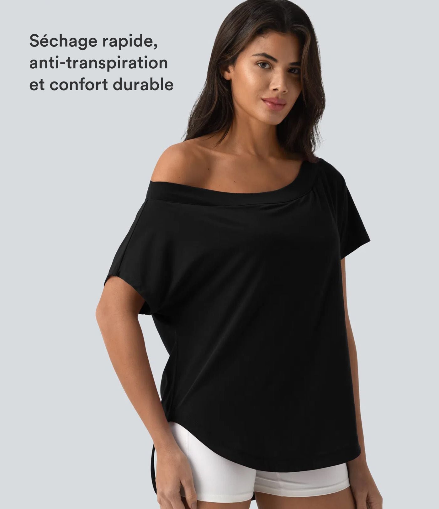 Top de sport yoga asymétrique à épaule dénudée manches courtes ourlet arrondi et coupe asymétrique à séchage rapide – Soutien-gorge intégré