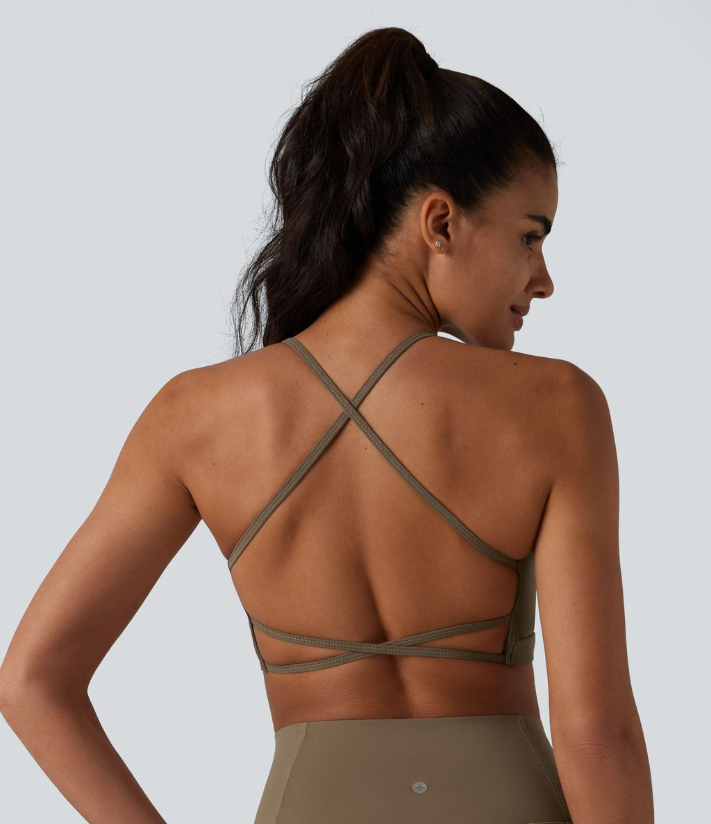 Brassière de sport de yoga en maille côtelée maintien léger dos croisé dos nu avec soutien-gorge intégré