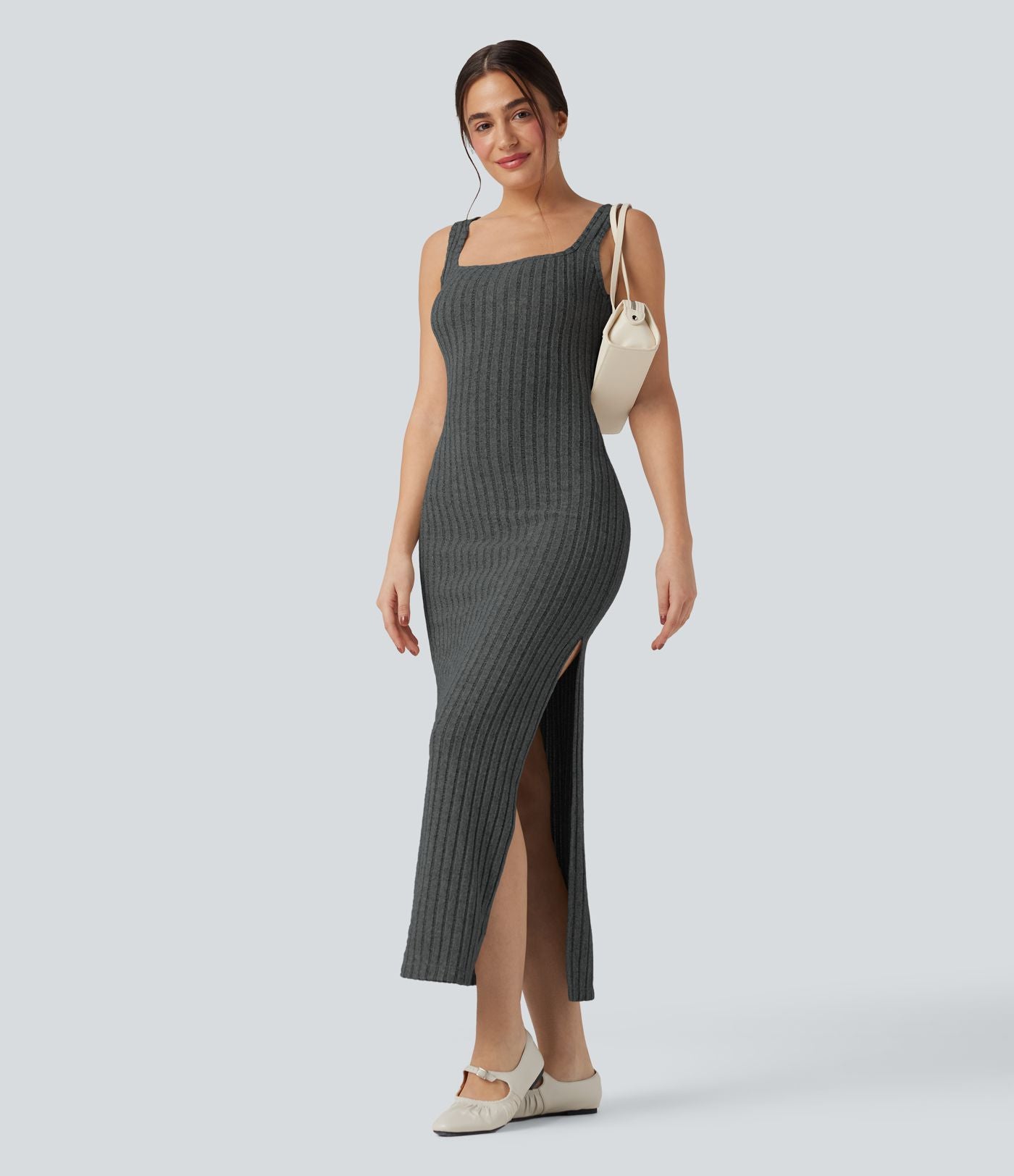 Robe longue moulante décontractée maille côtelée col carré sans manches dos torsadé avec fente