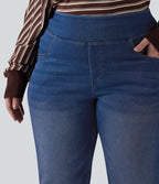 Jean décontracté Halara Flex™ grande taille bootcut taille haute en maille extensible délavée avec multiples poches