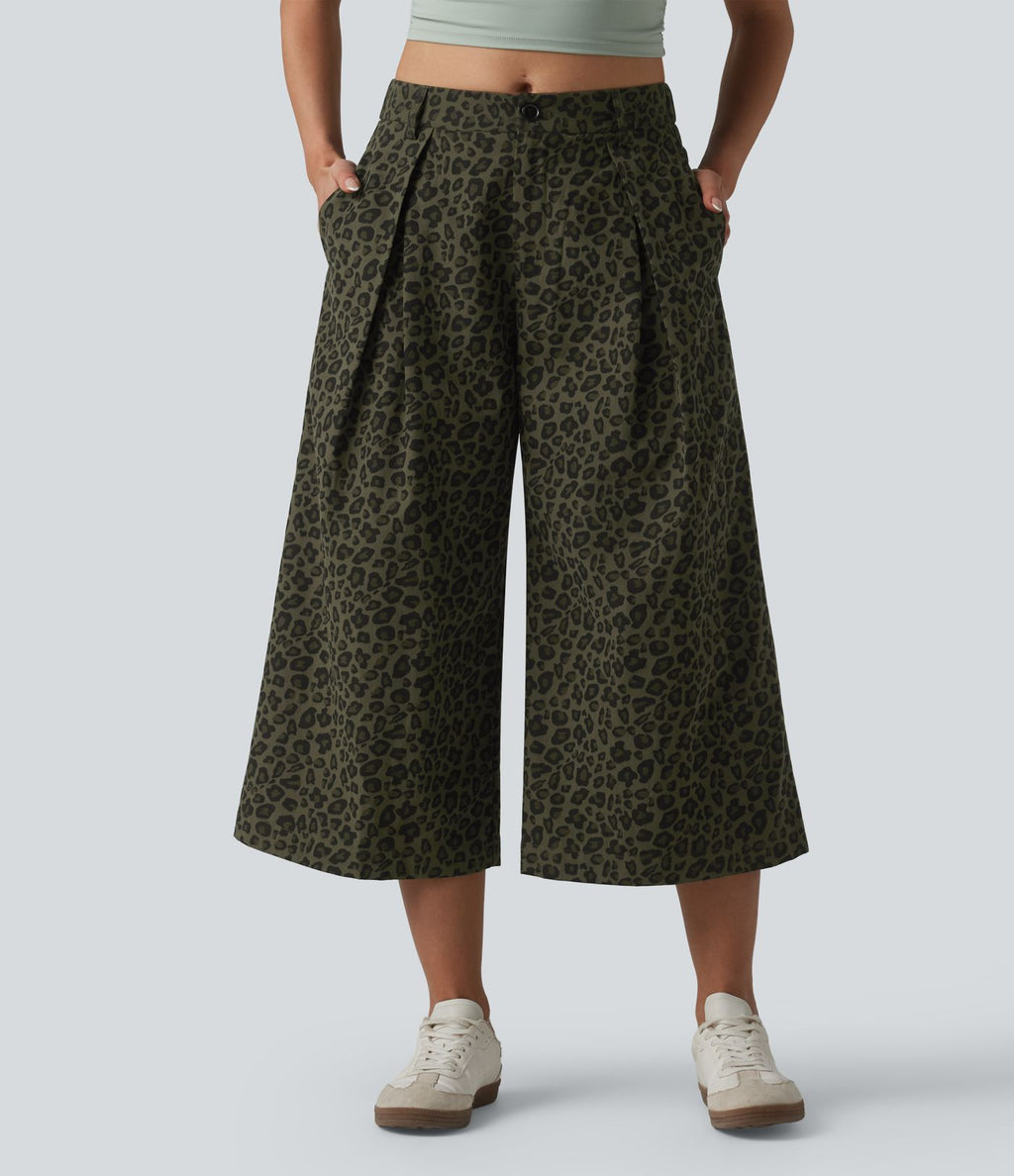 Pantalon léopard casual court taille mi-haute avec poches