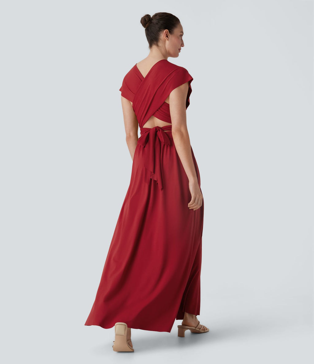 Robe longue de soirée col V, manches courtes, dos croisé à nouer, fendue avec poche latérale