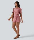 Combishort chemise manches courtes effet lin, avec ceinture et poche