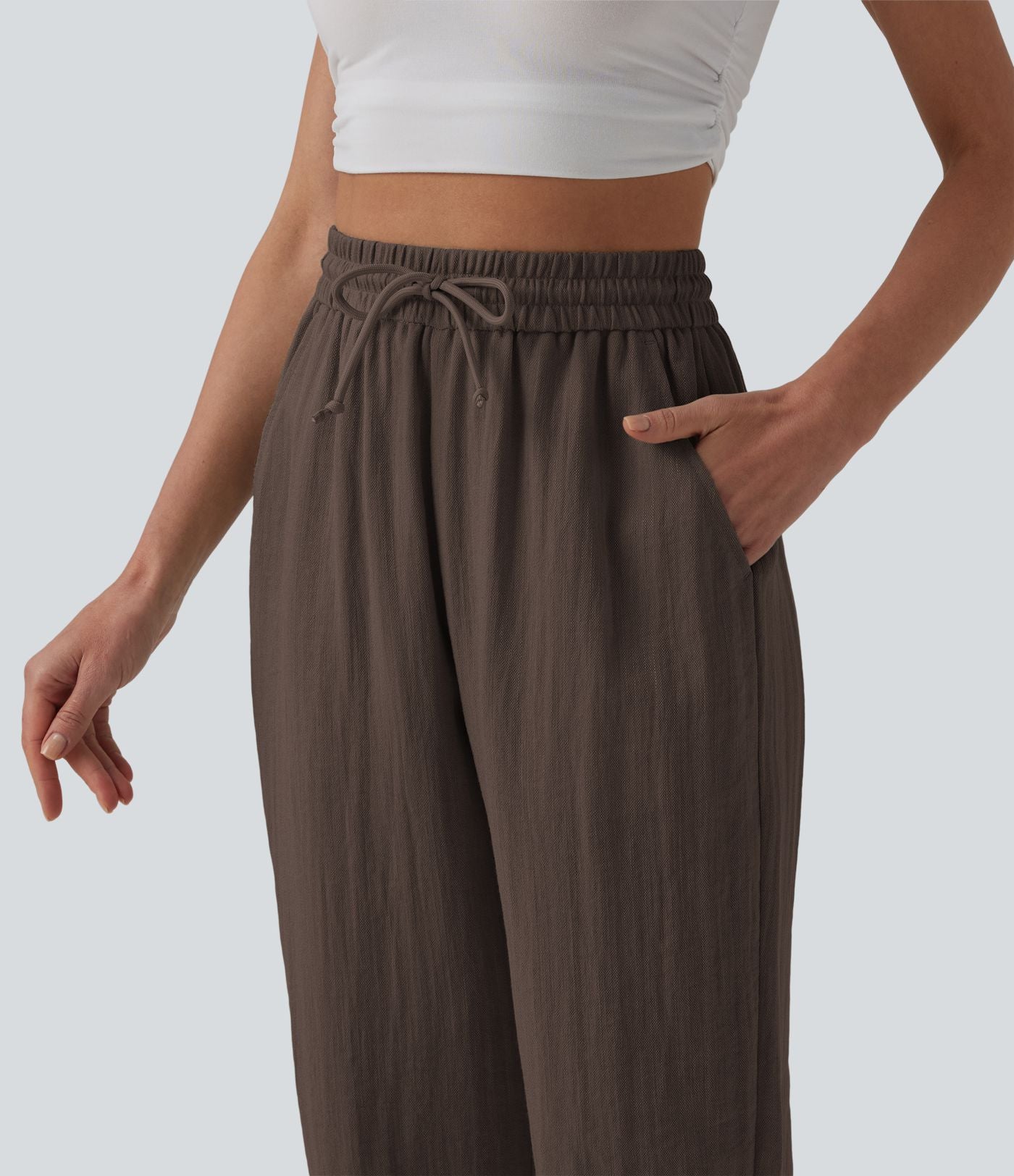 Jogging casual large ample taille haute aspect lin à cordon de serrage avec poches