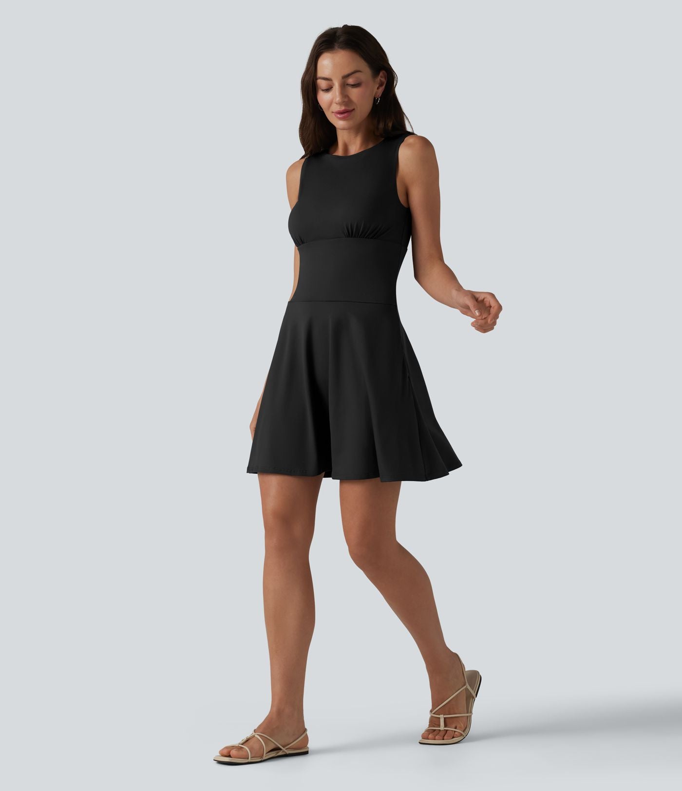 Robe mini évasée décontractée sans manches col bateau avec poches
