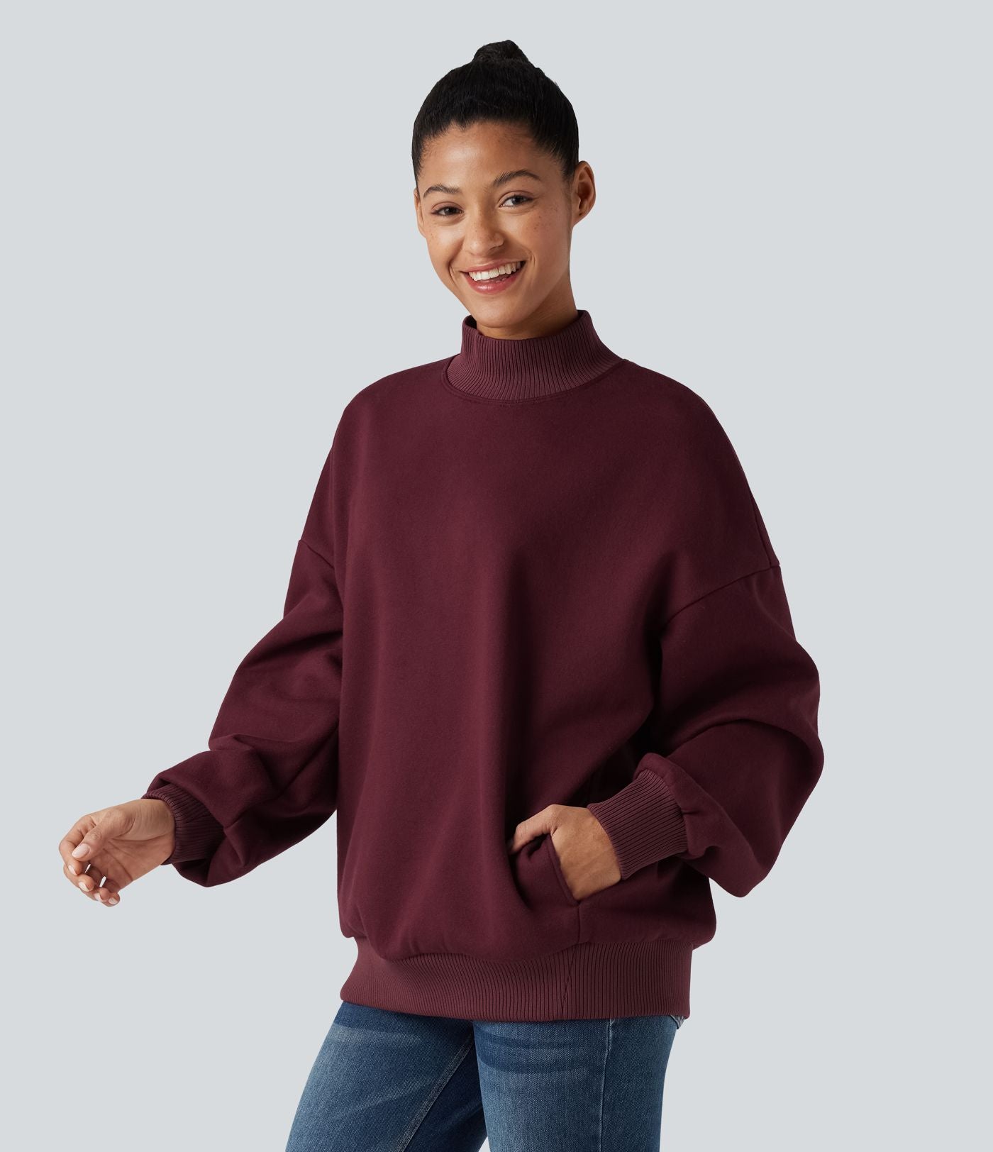 Sweat-shirt en coton polaire col montant coupe décontractée avec poches