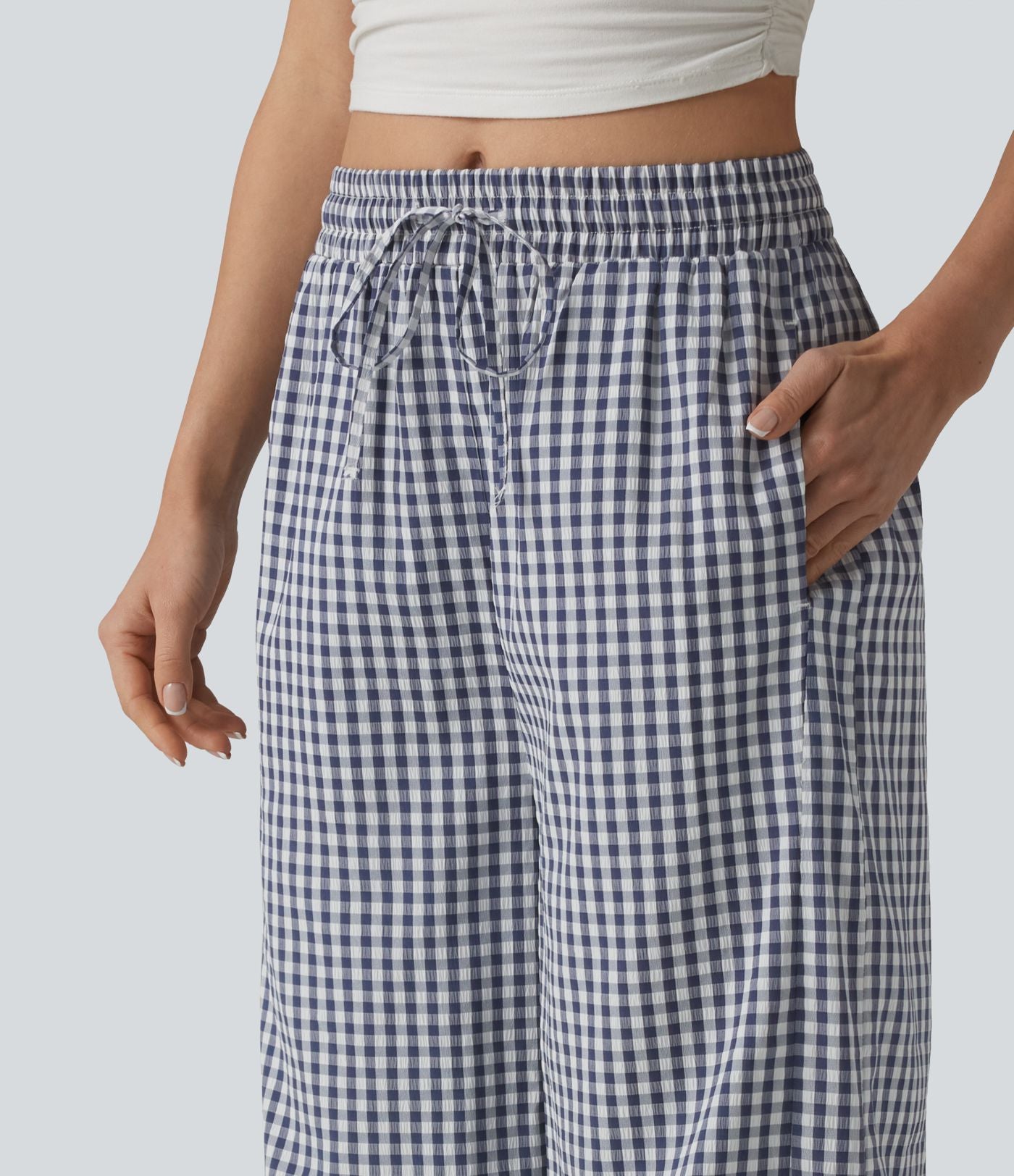 Pantalon ample décontracté à carreaux vichy, taille mi-haute, cordon de serrage et poches