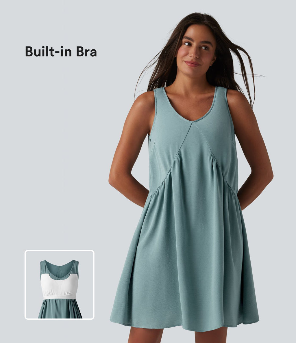 Robe mini sans manches col V avec soutien-gorge intégré, effet lin