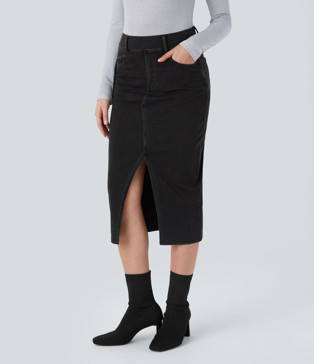 Halara Flex™ Jupe en Jean Midi Casual Tricot Extensible Taille Haute Poches Multiples