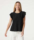 Top casual col rond à manches à volants en broderie anglaise