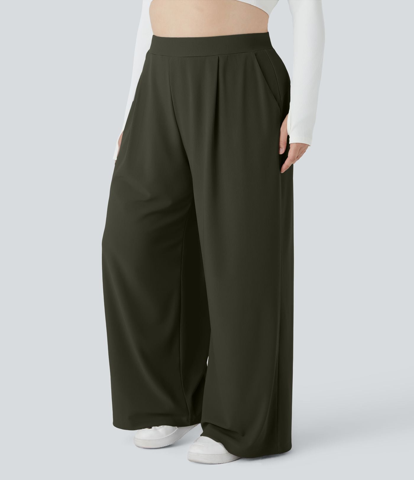 Pantalon de travail grande taille Halara Flex™ à taille haute sculptante et amincissante, poches latérales, jambes larges et tissu micro-gaufré
