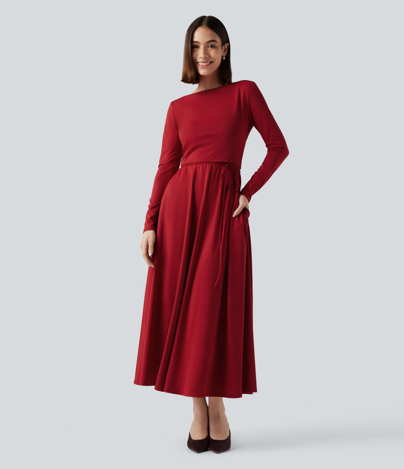 Robe mi-longue deux pièces à manches longues effet cache-cœur avec nœud au dos et poches