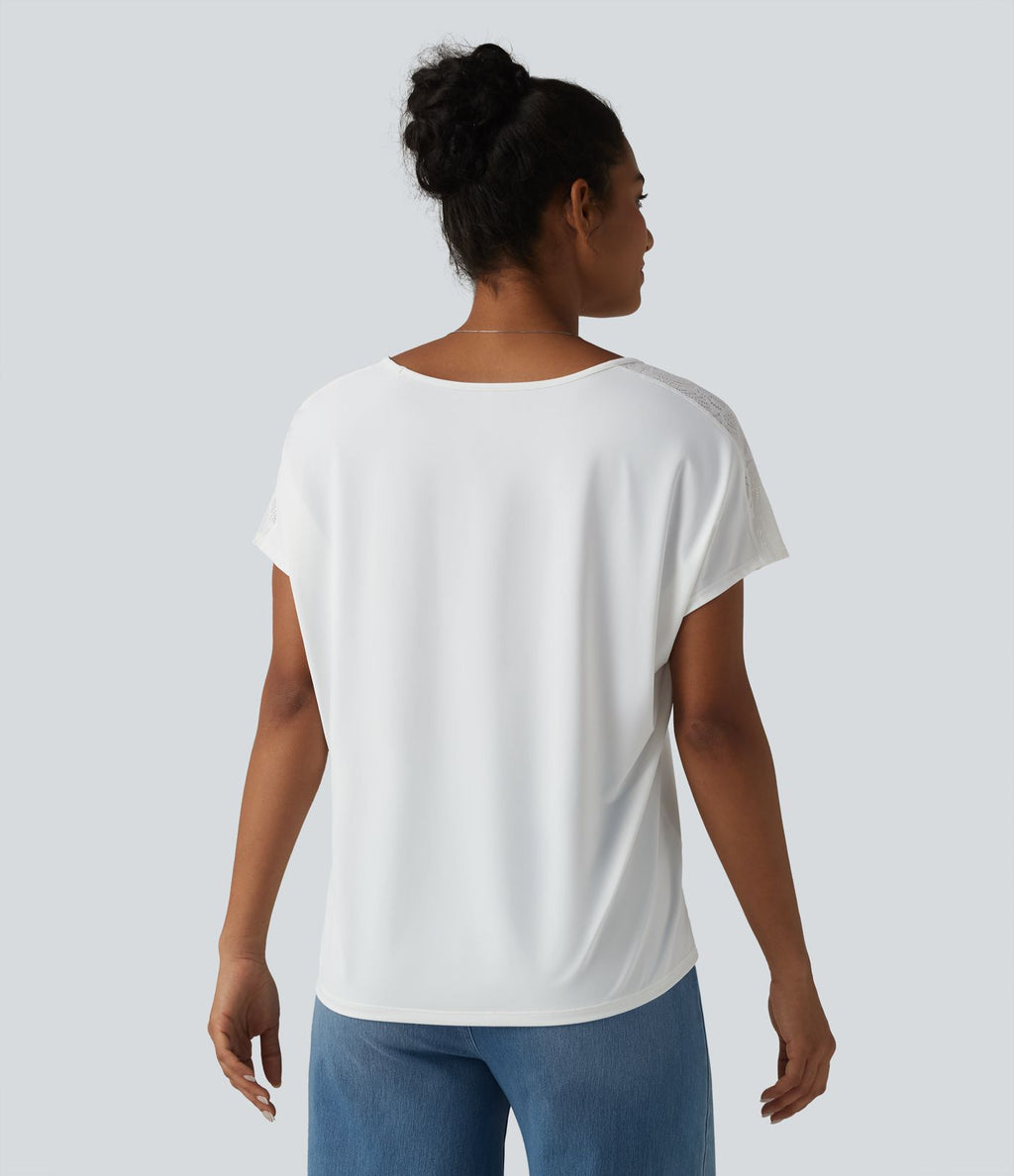 Haut décontracté col V manches chauve-souris courtes avec dentelle contrastée effet frais InstantCool séchage rapide, protection solaire UPF50+