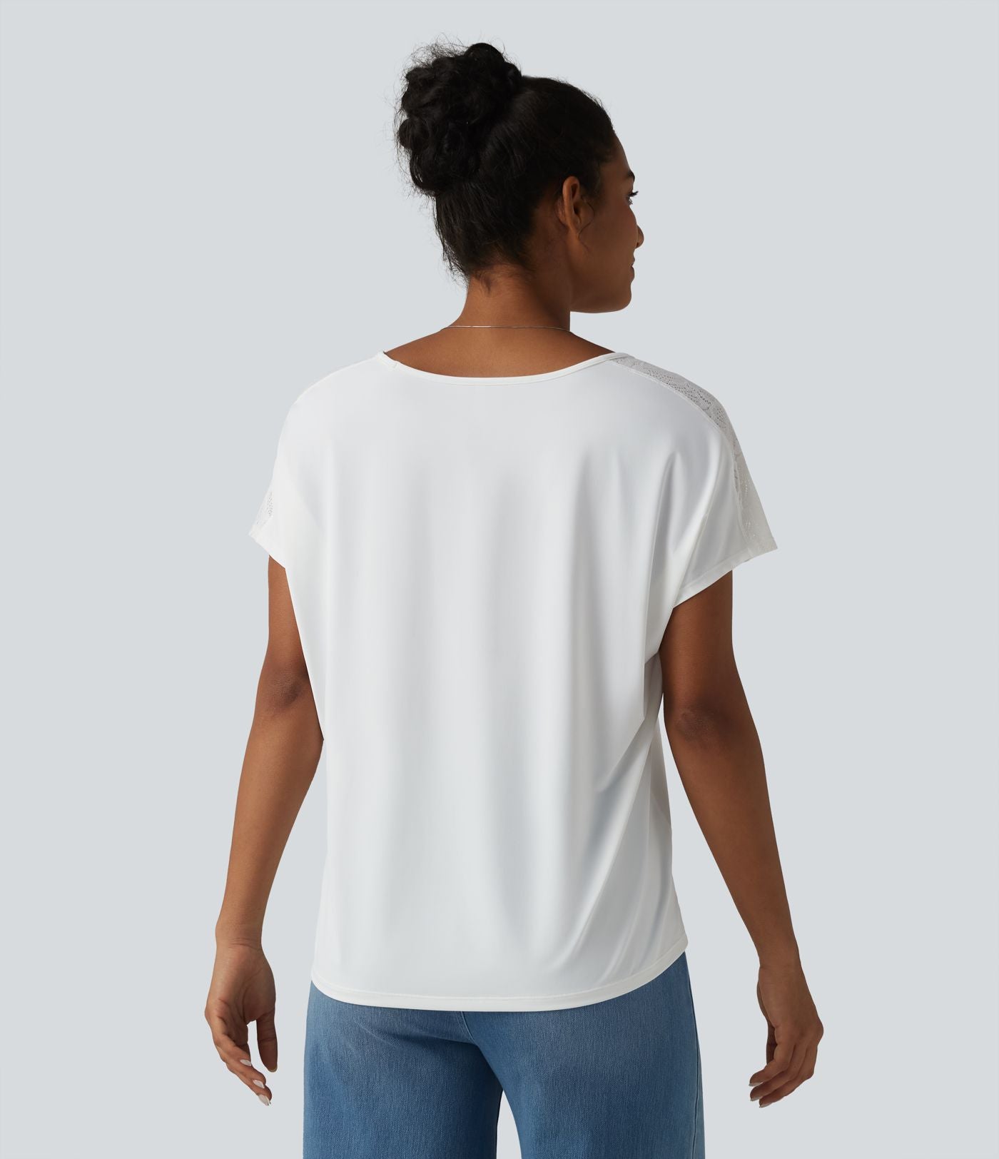 Haut décontracté col V manches chauve-souris courtes avec dentelle contrastée effet frais InstantCool séchage rapide, protection solaire UPF50+