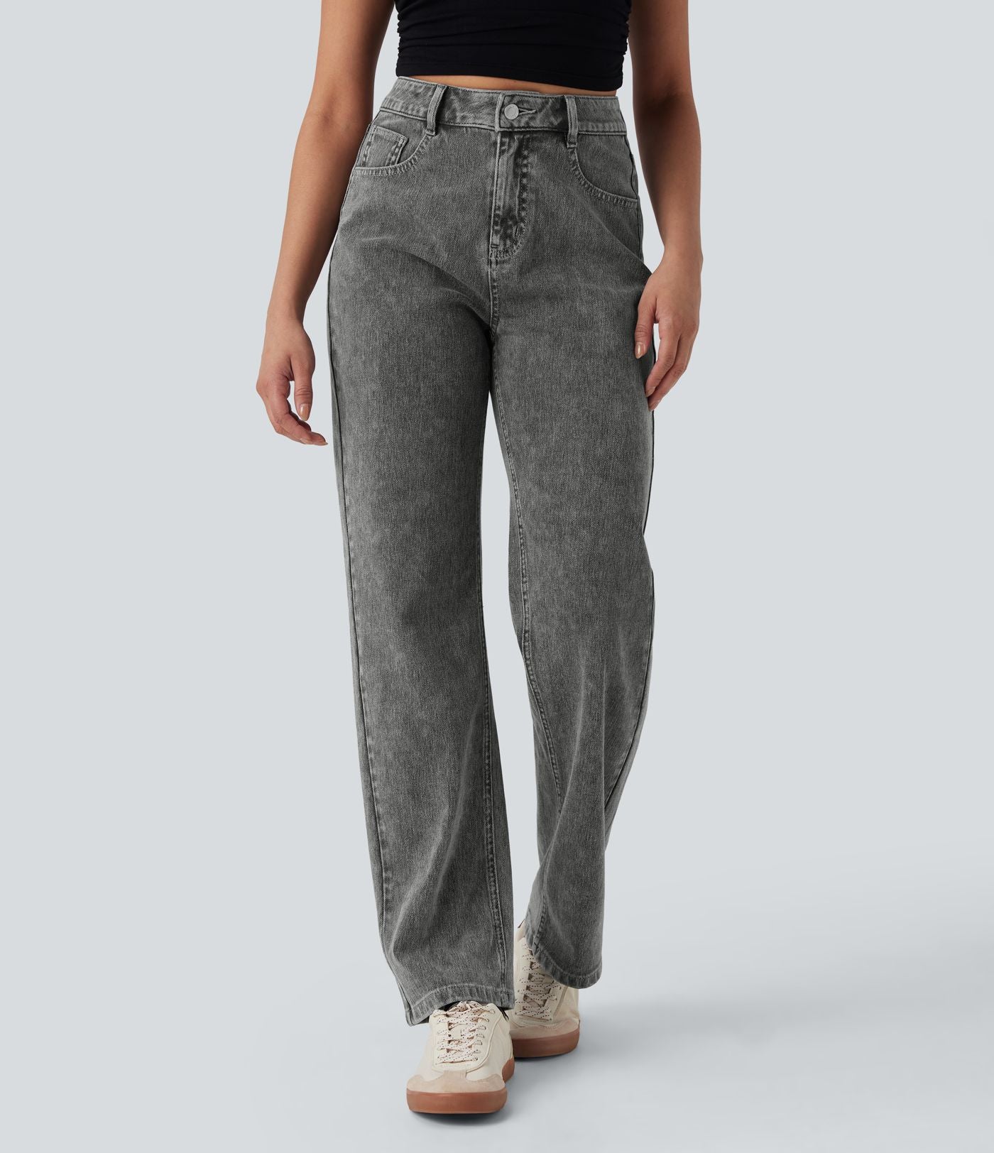 Halara Flex™ Jean droit extensible à taille haute avec bouton, fermeture éclair et poches multiples