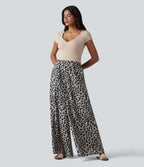 Pantalon large casual taille haute imprimé léopard, avec poches