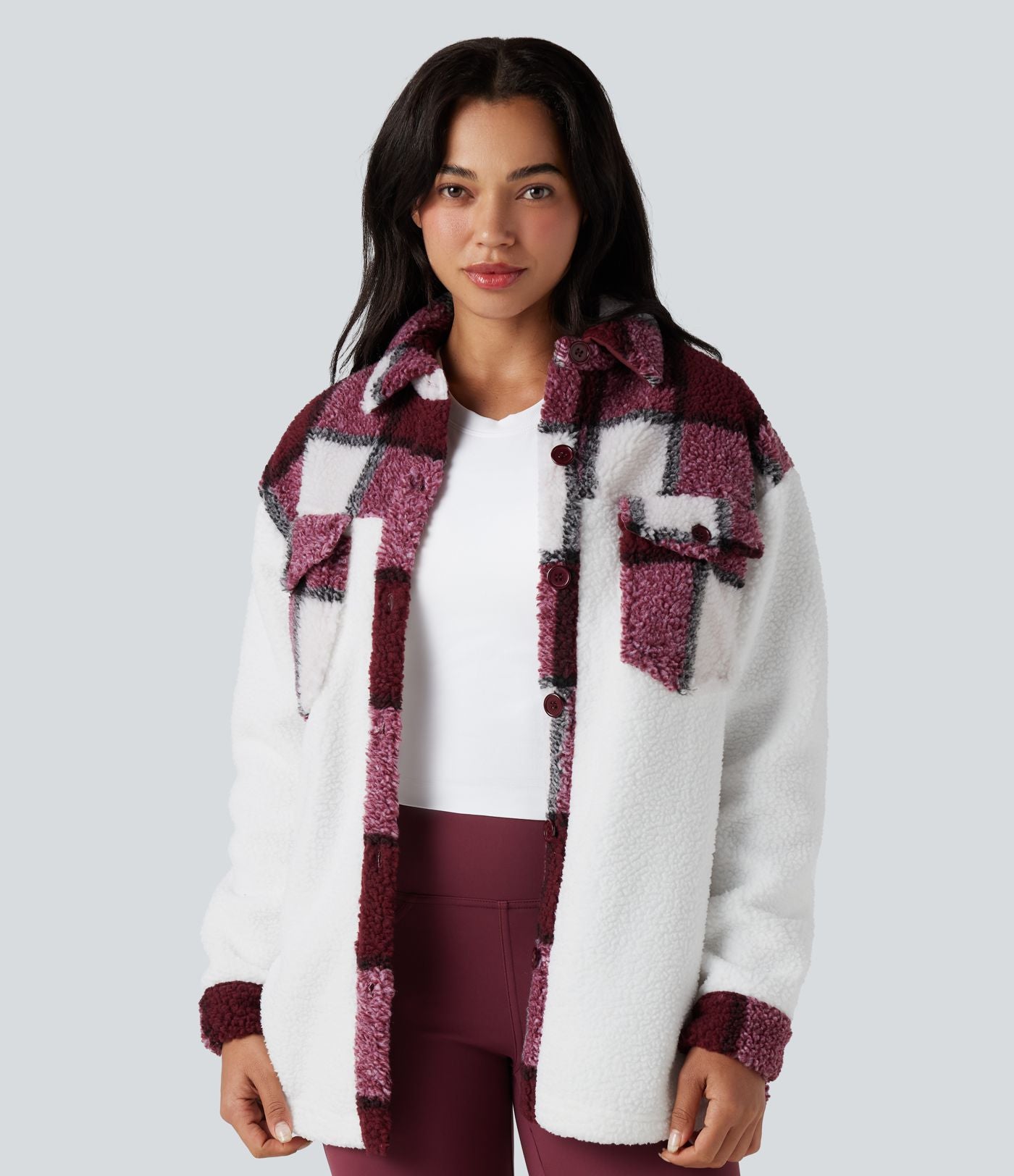 Veste sherpa carreaux color block manches longues avec poches