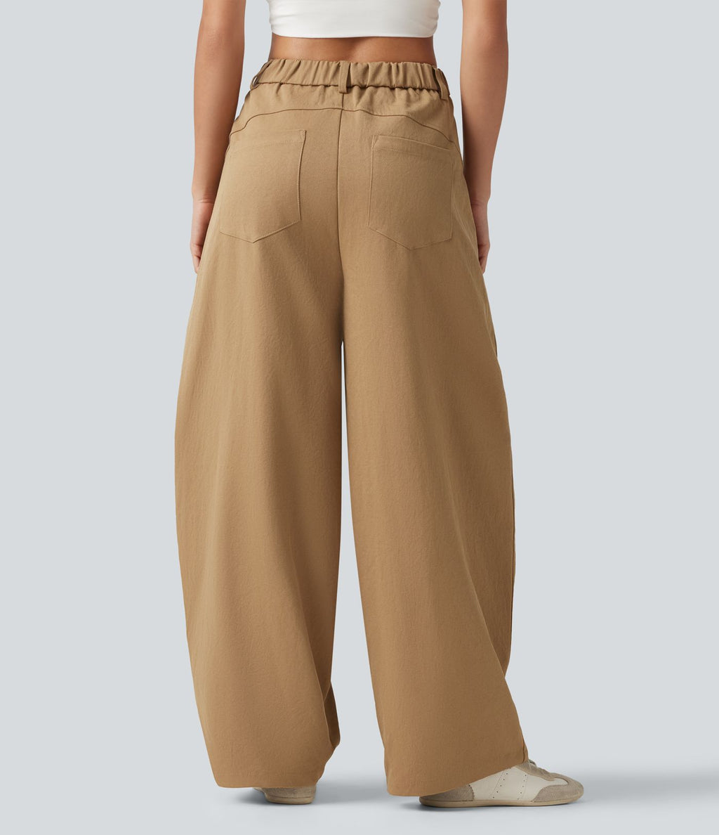 Pantalon casual taille mi-haute coupe barrel avec poches