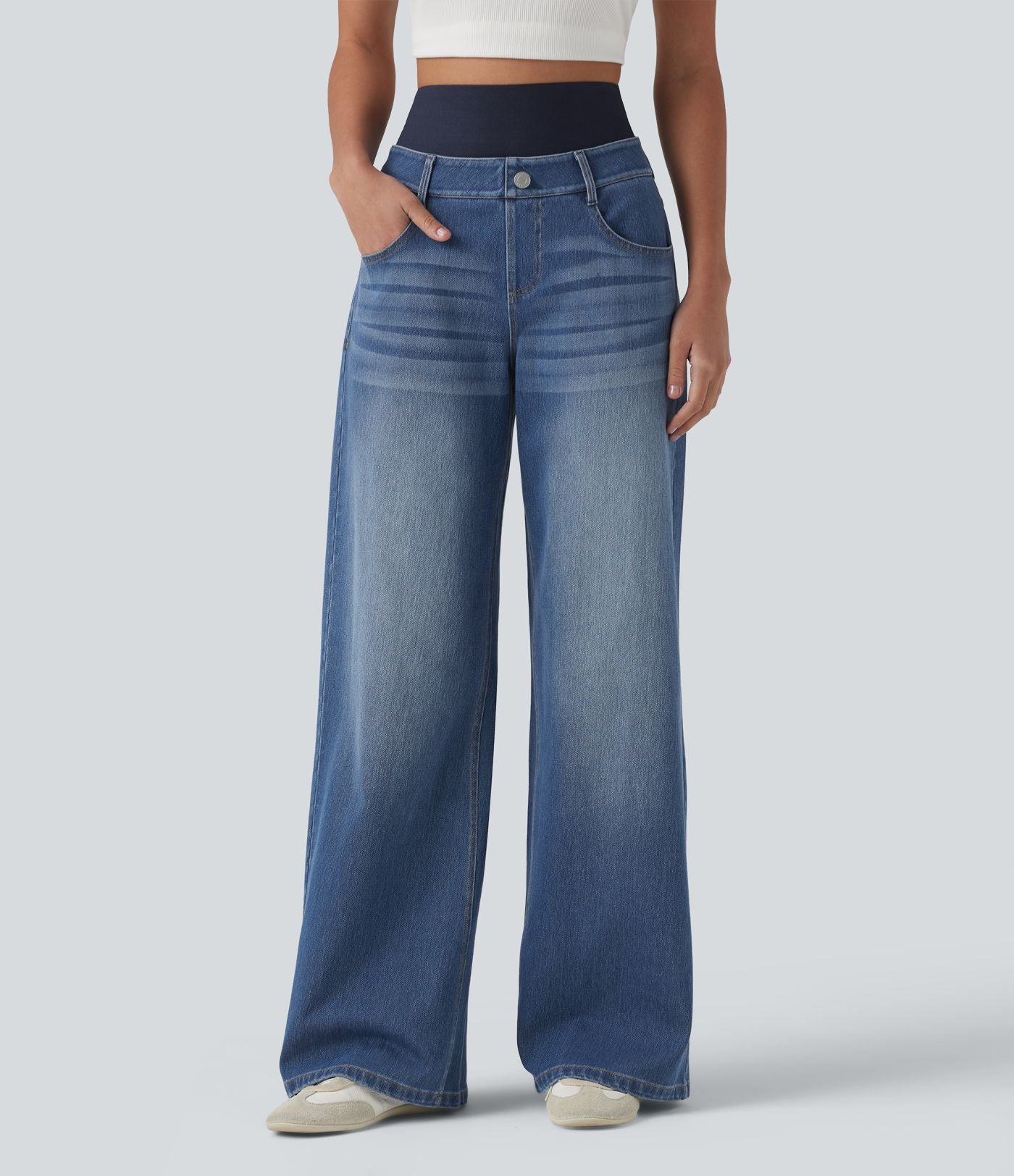Jean large délavé Halara Flex™ taille haute gainant avec poches