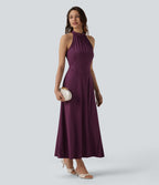 Robe midi fluide à col cheminée, sans manches, zip invisible, en satin extensible à effet frais InstantCool, idéale pour demoiselles d'honneur et invitées de mariage, avec poches