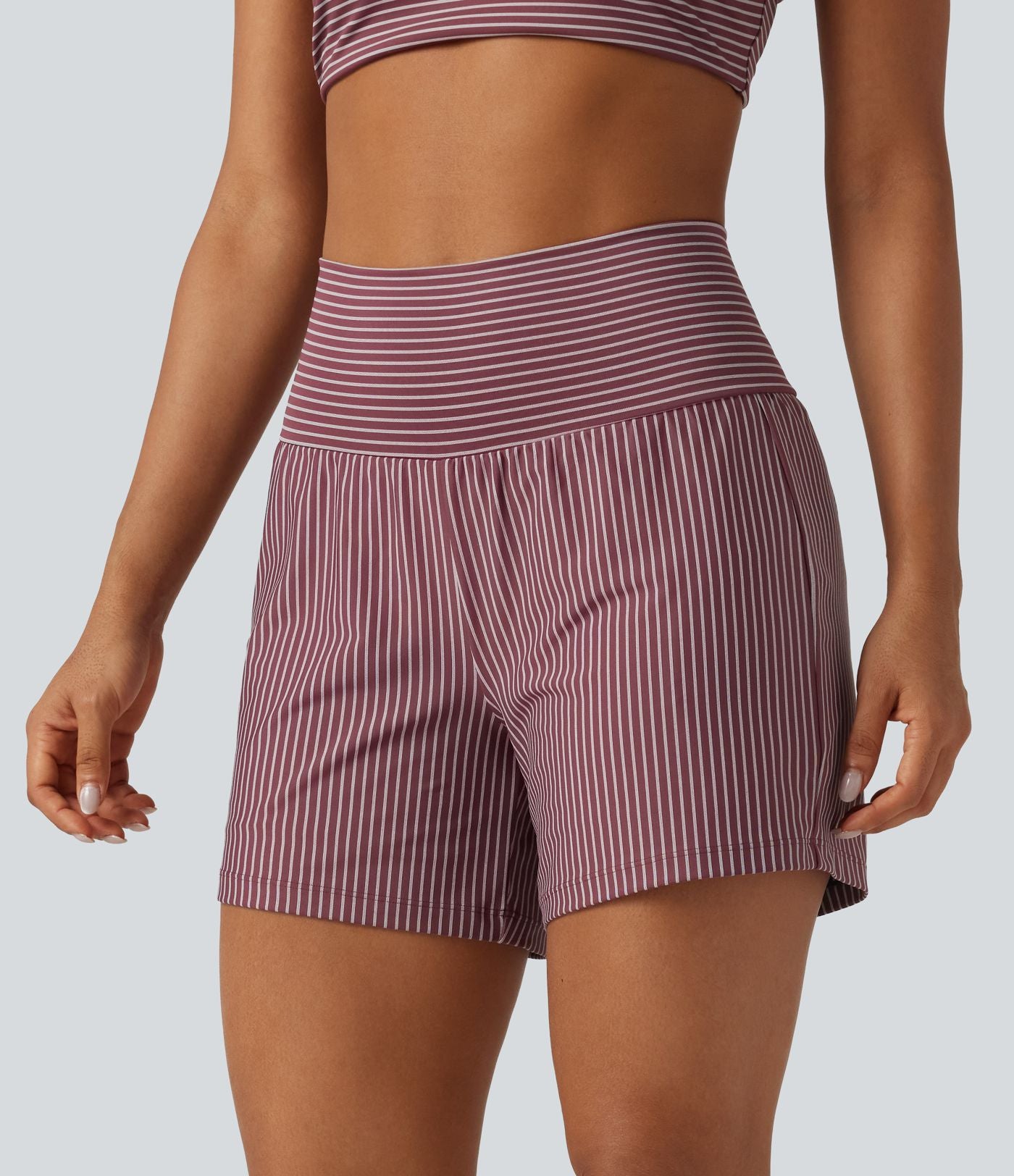 Short de yoga 2-en-1 à rayures, taille très haute, 12,5 cm, à poches